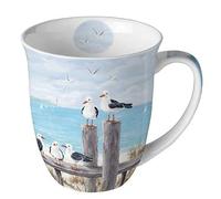 Ambiente Taza de café con asa, taza de té, 0,4 l, porcelana fina, porcelana, gaviotas, mar, serie seagulls on the dock