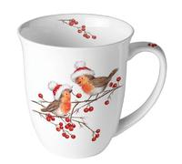 Ambiente Taza de café, taza de té, 0,4 l, porcelana fina, porcelana, serie Christmas Robin petirrojo, pájaros, ramas, invierno, Navidad, Adviento