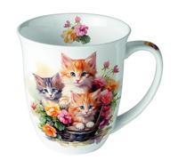 Ambiente Taza de porcelana, 400 ml, diámetro de 10 cm x altura de 10,5 cm, para té o café, diseño de gatitos en cesta