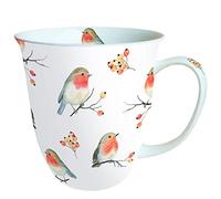Ambiente Taza de porcelana, aprox. 400 ml, taza de hueso, taza de porcelana, para té o café, otoño, invierno, Navidad, Robin Family