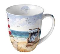 Ambiente Taza de porcelana Beach Walk, taza de porcelana con silla de playa y diseño de faro, 400 ml, 10 cm de diámetro