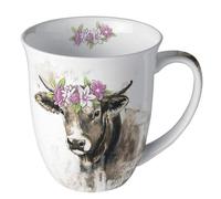 Ambiente Taza de porcelana de 10 cm, diseño de vaca con corona de flores, taza de cerámica de 0,4 l, taza de café, taza de té, taza de cacao, tazas y tazas con diseño de animales, taza de porcelana