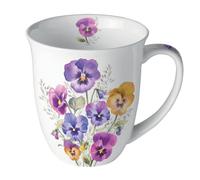 Ambiente Taza de té, taza de café, 0,4 l, diseño de árboles, jardín, pensamientos, pansies, taza con asa, hueso fino, porcelana, primavera y verano