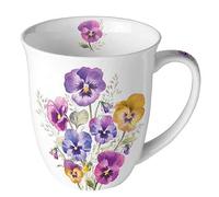 Ambiente Taza de té, taza de café, 0,4 l, diseño de árboles, jardín, pensamientos, pansies, taza con asa, hueso fino, porcelana, primavera y verano