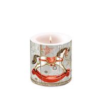 AMBIENTE Vela de Navidad con diseño de caballo balancín sobre madera como decoración de mesa. Vela redonda pequeña para mesa de 7,5 x 9 cm de diámetro