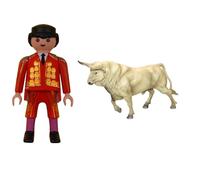 AMBIENTS ARTESANIA Set de Juego Taurino: Torero Playmobil Rojo y Oro +Toro Bravo Jabonero Trotando XL - Hecho a Mano