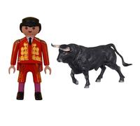 AMBIENTS ARTESANIA Set de Juego Taurino: Torero Playmobil Rojo y Oro +Toro Bravo Negro Zaino XL - Hecho a Mano
