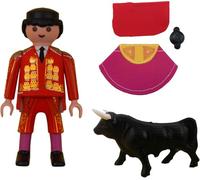 AMBIENTS ARTESANIA Set de Torero con Muñeco Rojo y Oro, Capote, Muleta, Montera y Toro Negro - Figuras Pintadas a Mano - Muñeco 7,5 cm