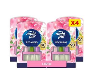 Ambipur 3Volution Lirio y Brisa Recambio De Ambientador Electrico 80ml, 3 Aromas Que Se Alternan Para Eliminar Olores, 4 Recambios (packaging may vary)