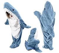 Ambitelligence Manta de tiburón con capucha para adultos y niños, acogedor disfraz de tiburón de franela con saco de dormir, Azul, S：For Height 63"-66"