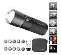 AMBITFUL Linterna de mano LED para fotografía, 4 colores, faro de fotografía portátil con 20 gobos, aleación de aluminio de 8400 mAh recargable, luz de relleno, vídeo, creación de contenidos