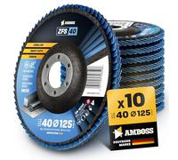 AMBOSS Lote de 10 discos de láminas Ø 125 mm K40 para acero/acero inoxidable - Pulido anticorrosión - Amoladora angular profesional de circón azul