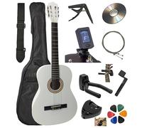 AMBRE - Pack de guitarra clásica 4/4 (adulto) + 10 accesorios (funda, soporte de pared, afinador, correa, capodastre, cuerdas, 6 púas, caja, manivela) + cursos de vídeo y CD (blanco, 1/2, derecho)