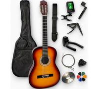 AMBRE - Pack de guitarra clásica 4/4 (adulto) + 10 accesorios (funda, soporte de pared, afinador, correa, capodastre, cuerdas, 6 púas, caja, manivela) + cursos de vídeo y CD (Sunburst, 1/2, izquierda)