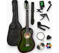 AMBRE - Pack de guitarra clásica 4/4 (adulto) + 10 accesorios (funda, soporte de pared, afinador, correa, capodastre, cuerdas, 6 púas, caja, manivela) + cursos de vídeo y CD (Verde, 4/4, izquierda)