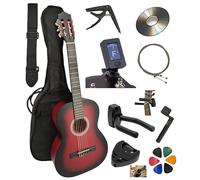 AMBRE - Pack de guitarra clásica 4/4 (adulto) + 10 accesorios (funda, soporte de pared, afinador, correa, capodastre, cuerdas, 6 púas, caja, manivela) + cursos de vídeo y CD (rojo, 1/2, derecho)