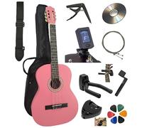 AMBRE - Pack de guitarra clásica 4/4 (adulto) + 10 accesorios (funda, soporte de pared, afinador, correa, capodastre, cuerdas, 6 púas, caja, manivela) + cursos de vídeo y CD (rosa, 1/4, derecho)