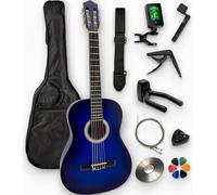 AMBRE - Pack de guitarra clásica 4/4 (adulto) + 10 accesorios (funda, soporte de pared, afinador, correa, capodastre, cuerdas, 6 púas, caja, manivela) + cursos de vídeo y CD (azul, 3/4, izquierda)