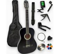 AMBRE - Pack de guitarra clásica 4/4 (adulto) + 10 accesorios (funda, soporte de pared, afinador, correa, capodastre, cuerdas, 6 púas, caja, manivela) + cursos de vídeo y CD (negro, 1/2, izquierda)