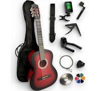 AMBRE - Pack de guitarra clásica 4/4 (adulto) + 10 accesorios (funda, soporte de pared, afinador, correa, capodastre, cuerdas, 6 púas, caja, manivela) + cursos de vídeo y CD (rojo, 3/4, izquierda)
