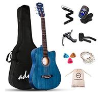 AMD Guitarra Acústica para Principiantes de 38 Pulgadas de Color Azul, kit para Niños y Adultos con Bolsa, Afinador, Colgador de Guitarra, Correa, Púas, Capo, Cuerdas Extras de Acero