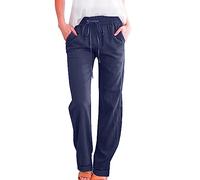 AMDOLE Bauchweg Hose Damen Damenhose Curling Einfarbig Baumwolle Leinen Loose Lässige Kordelzug Hose mit weitem Bein Freizeithose Cargo Hose Kurzgröße Damen, azul oscuro, XXL