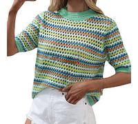 AMDOLE Blusa de mujer de costura de punto hueca prendas de punto sueltas a rayas con cuello redondo tops mujer fiesta, verde, XL