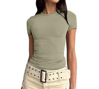 AMDOLE Blusa larga para mujer, lisa, moderna, delgada, de manga corta, básica, sexy, parte inferior delgada, top brillante, verde, M