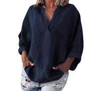 AMDOLE Blusa para mujer, estilo boho de manga larga, de algodón, de lino, caftán, holgado, blusas T-camisa para mujer, marine, L