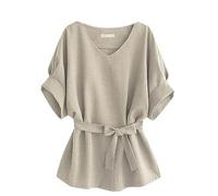 AMDOLE Blusas y túnicas Mujer Camisa de manga corta de algodón y lino con cuello en V, mangas de murciélago, talla grande, parte superior holgada de algodón y lino, N para mujer, caqui, 3XL