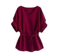 AMDOLE Blusas y túnicas Mujer Camisa de manga corta de algodón y lino con cuello en V, mangas de murciélago, talla grande, parte superior holgada de algodón y lino, N para mujer, rojo, 4XL