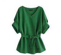 AMDOLE Blusas y túnicas Mujer Camisa de manga corta de algodón y lino con cuello en V, mangas de murciélago, talla grande, parte superior holgada de algodón y lino, N para mujer, verde, XXL