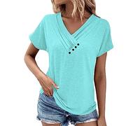 AMDOLE Blusas y túnicas para mujer Camiseta casual de mujer con cuello en V y manga corta, plisada de color sólido con botones Tops de verano, verde menta, M
