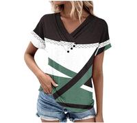 AMDOLE Blusas y túnicas para mujer camiseta de mujer con cuello en V, bloque de color, estampado geométrico de bloques de color, manga corta, primavera, formal, informal, camiseta suelta, con botones