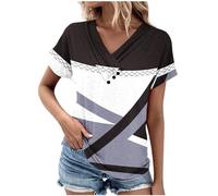 AMDOLE Blusas y túnicas para mujer camiseta de mujer con cuello en V, bloque de color, estampado geométrico de bloques de color, manga corta, primavera, formal, informal, camiseta suelta, con botones