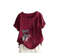AMDOLE Blusas y túnicas para mujer Today Will Be - Top de algodón y lino para mujer, corte holgado, estampado de mariposas, manga corta, con botones, blusa elegante, Vino, 4XL