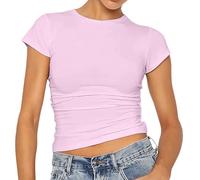 AMDOLE Blusenshirt Damen Damen T-Shirt mit kurze Ärmel und rundem Ausschnitt Bauchfreies T-Shirt Basic, einfarbig eng anliegend, schmale fit, kurzes Hemd, Workout, Yoga Elegante, morado, L