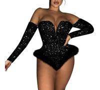 AMDOLE Body sexy para mujer, con cremallera, hombros descubiertos, lentejuelas, terciopelo, manga larga, sexy, Negro , S