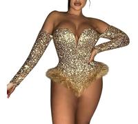 AMDOLE Body sexy para mujer, con cremallera, hombros descubiertos, lentejuelas, terciopelo, manga larga, sexy, dorado, XXL