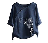 AMDOLE Botón Casual Longitud de la Manga Corta Blusentops Ramo de Flores Hombres Cuello Redondo Mujer Impresión Corta Camiseta de Manga Larga Mujer, marine, XXL