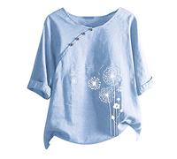 AMDOLE Botón Casual Longitud de la Manga Corta Blusentops Ramo de Flores Hombres Cuello Redondo Mujer Impresión Corta Camiseta de Manga Larga Mujer, azul claro, XL