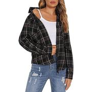 AMDOLE Camisa grande para mujer, camisa a cuadros para mujer, manga larga, abotonada, chaqueta de Navidad, otoño, blusa de manga corta para mujer, Negro , S