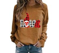 AMDOLE Camisas de San Valentín para mujer cuello redondo y casual San Valentín estampado enano suéter de moda para mujer 2024, caqui, 3XL