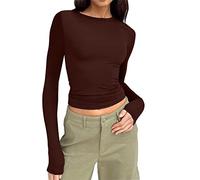 AMDOLE Camiseta básica de manga larga y cuello redondo para mujer, ajustada, ajustada, para entrenamiento, yoga, para mujer, marrón, S