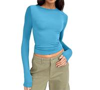 AMDOLE Camiseta básica de manga larga y cuello redondo para mujer, ajustada, ajustada, para entrenamiento, yoga, para mujer, azul, XS