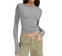 AMDOLE Camiseta básica de manga larga y cuello redondo para mujer, ajustada, ajustada, para entrenamiento, yoga, para mujer, gris, S