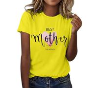AMDOLE Camiseta de manga corta para mujer con texto en inglés "Beste Mutter der Welt", con estampado de carta de amor y cuello redondo, blusa larga para mujer, amarillo, L