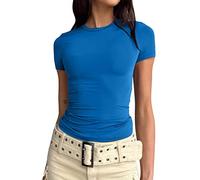AMDOLE Camiseta de manga corta para mujer, lisa, fina, básica, sexy, parte inferior delgada, top de crop top, para mujer, azul, L