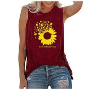 AMDOLE Camiseta de manga larga para mujer, sin mangas, cuello topo, estampado de girasol, fiesta, moda, camisas, top brillante, rojo, L