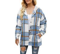AMDOLE Camiseta de mujer a cuadros para mujer, manga larga, abotonada, chaqueta de Navidad para otoño, azul, L